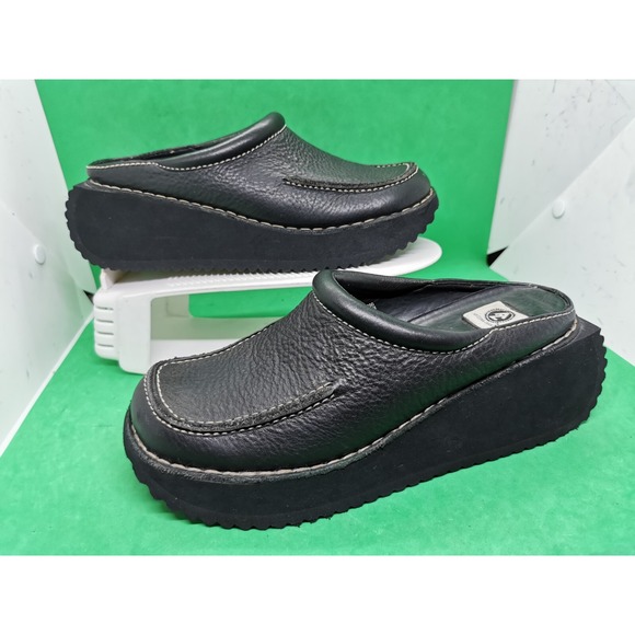 Vintage Y2K Arizona Jean Company 100% Black Leather Wedge Clogs Women's Siz 7.5M - Picture 2 of 16